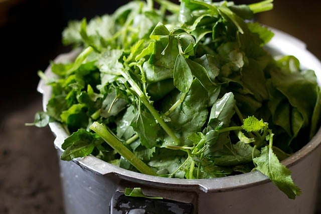 adding greens to pressure cooker.