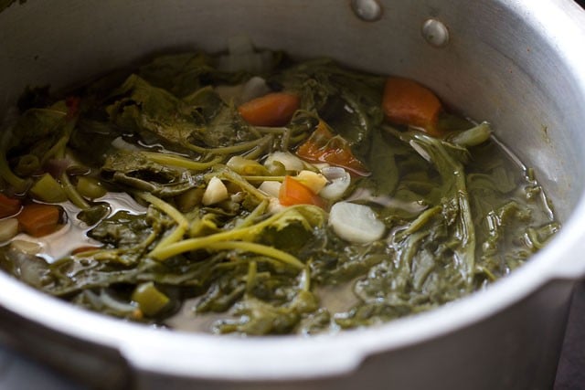 pressure cooked greens and veggies in the cooker base for making sarson ka saag.