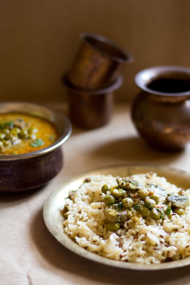 mushroom peas curry served on jeera rice