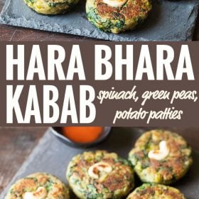 hara bhara kabab served on a platter with sauce and text layovers.