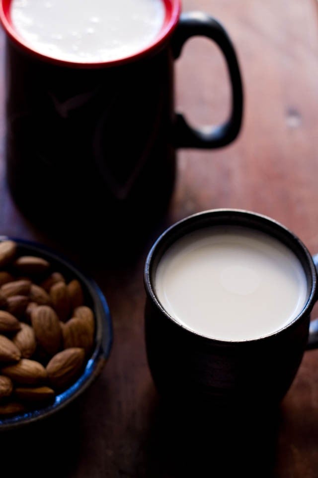 almond milk served in a ceramic mug.