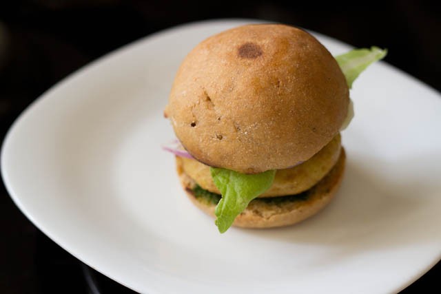 cover the bun to make a delicious veggie-friendly aloo tikki burger.