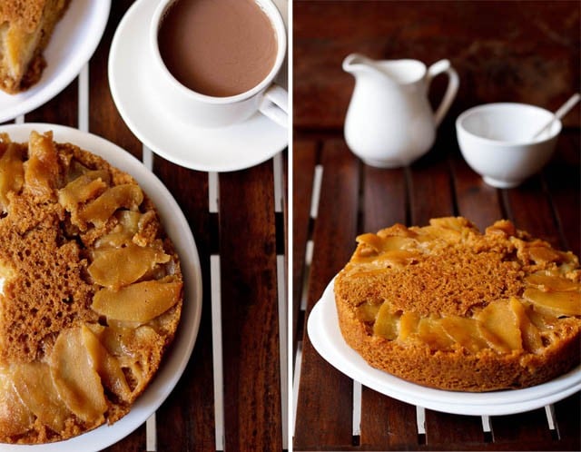 apple upside down cake served with tea