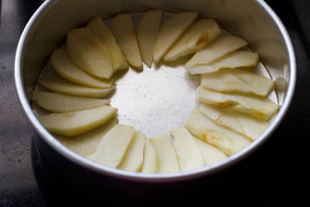 layering cake tin with apple slices