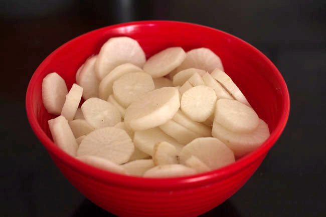 sliced radish rounds in a bowl