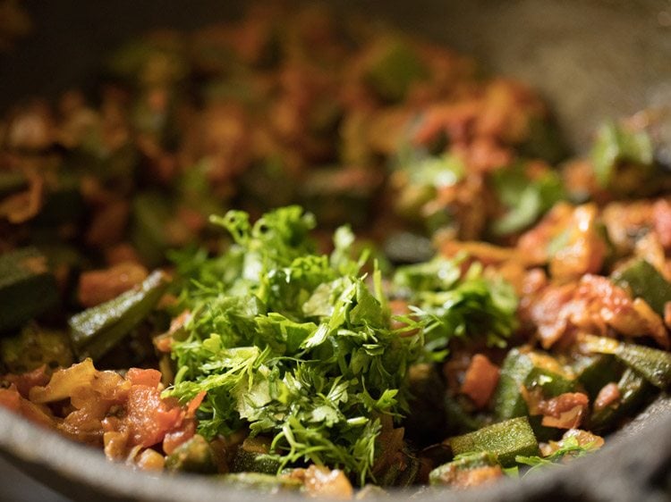 chopped coriander leaves added to bhindi masala. 