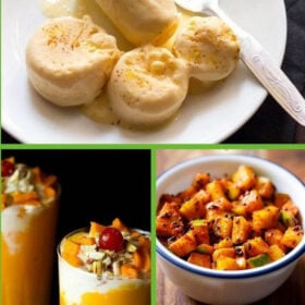 collage of four mango recipes with text layovers