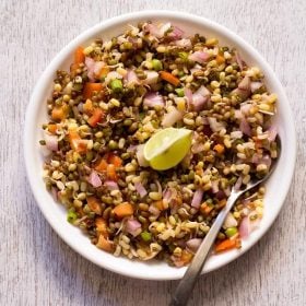 sprouts salad in a white plate with a lemon wedge in the center and a spoon at the side