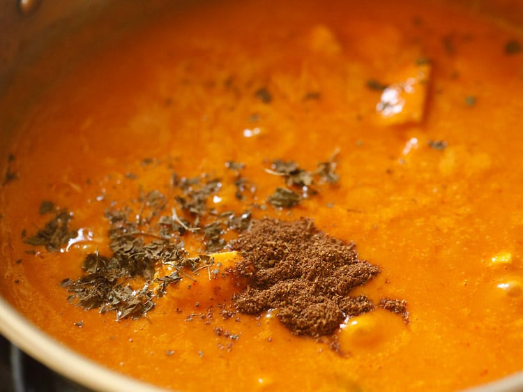 garam masala powder and crushed kasuri methi leaves added