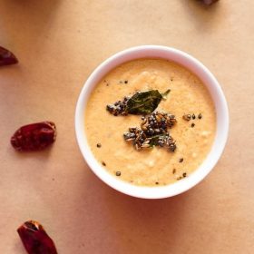 red chilli chutney in white bowl