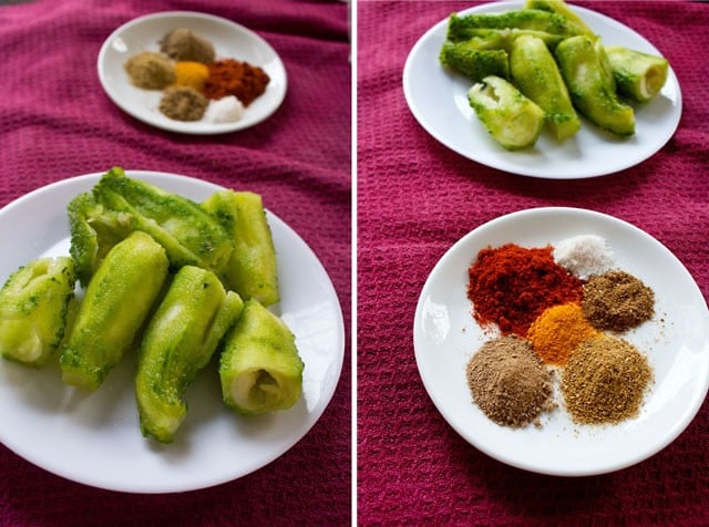 stuffed karela in a plate in first photo and spices in a plate in second photo