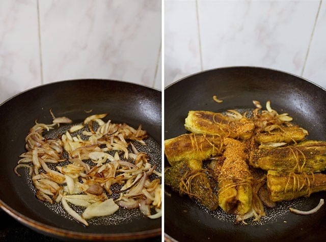 sauted onions and then adding cooked bharwa karela to onions