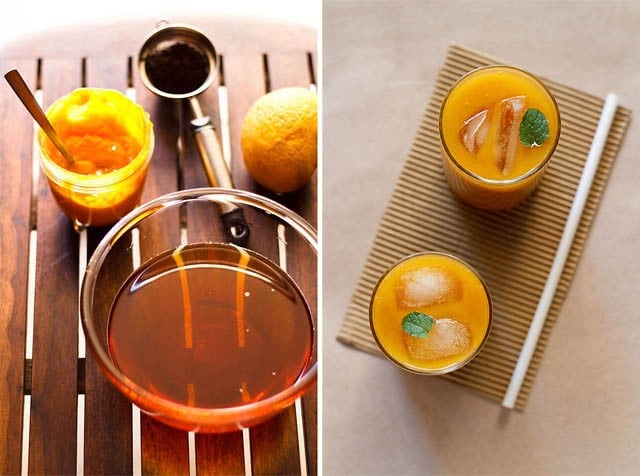 collage of mango iced tea served in tall glasses garnished with mint leaves and brewed tea and mango pulp in a bowl.