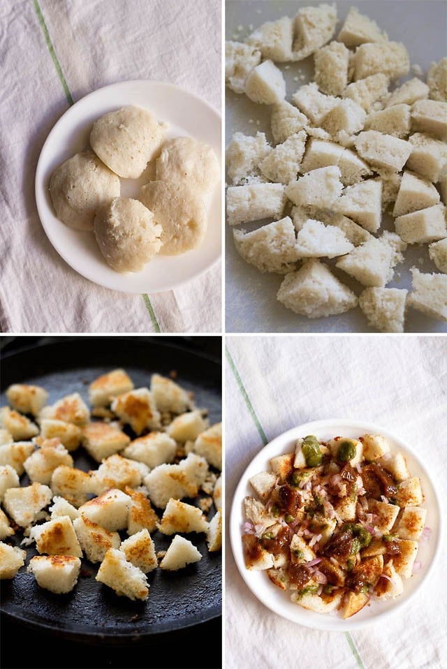 collage of idli on plate, idli cut into pieces, fried idli pieces and fried idli pieces topped with chutneys 