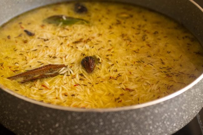 Kashmiri pulao before the rice has absorbed all the water