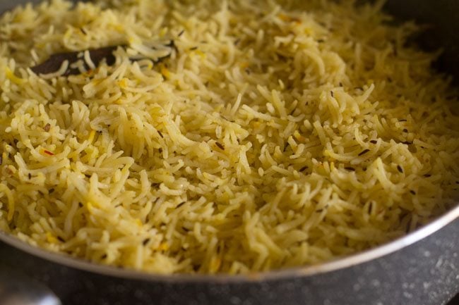 Kashmiri pulao in pot after rice has absorbed all the water
