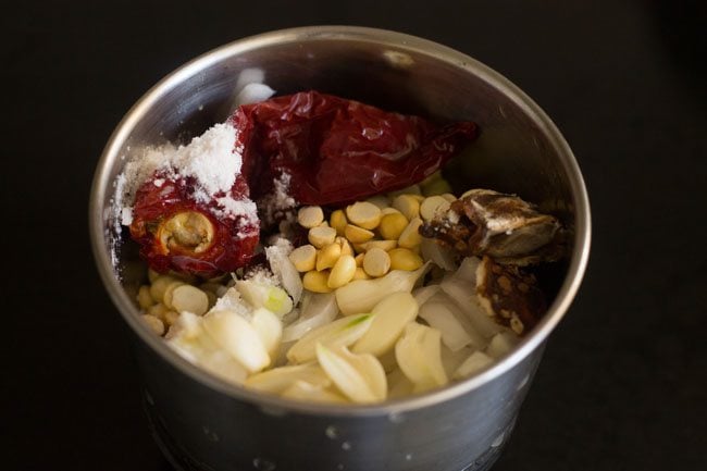 red chutney ingredients in a small blender or chutney grinder with little water 