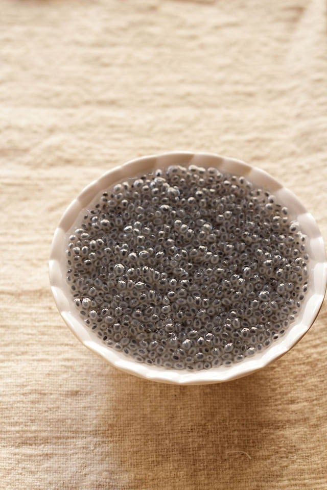 soaked sabja seeds in a bowl.