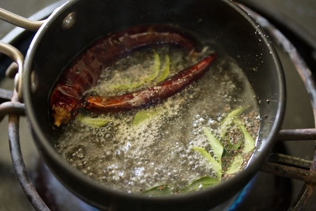 frying the tempering for udupi sambar 