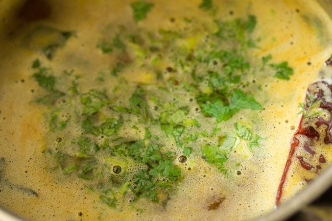 dal rasam garnished with coriander leaves