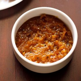 mango chutney in a white bowl