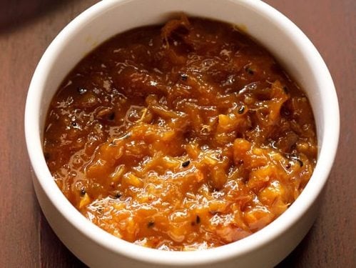 mango chutney in a white bowl