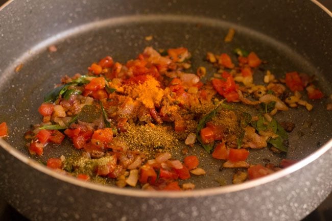 adding turmeric powder, red chili powder, garam masala powder, coriander powder and fennel powder to the pan