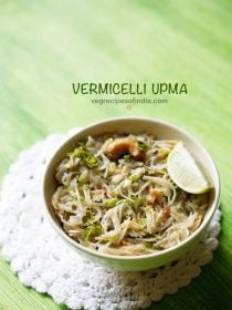 semiya upma garnished with coriander leaves and served in a bowl with a lemon wedge and text layover.