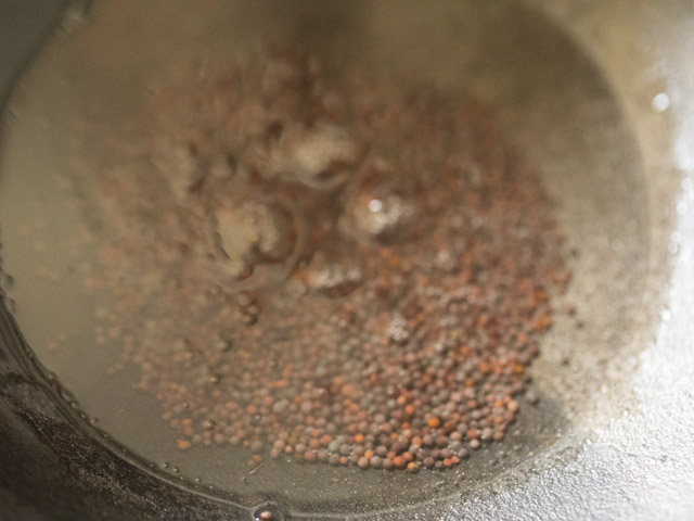 mustard seeds added to hot coconut oil in a pan. 