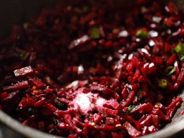 salt added to the beetroot mixture in the pan. 