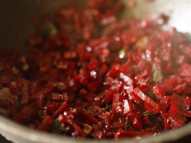 cooking beetroot poriyal. 