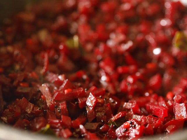 cooking beetroot poriyal. 