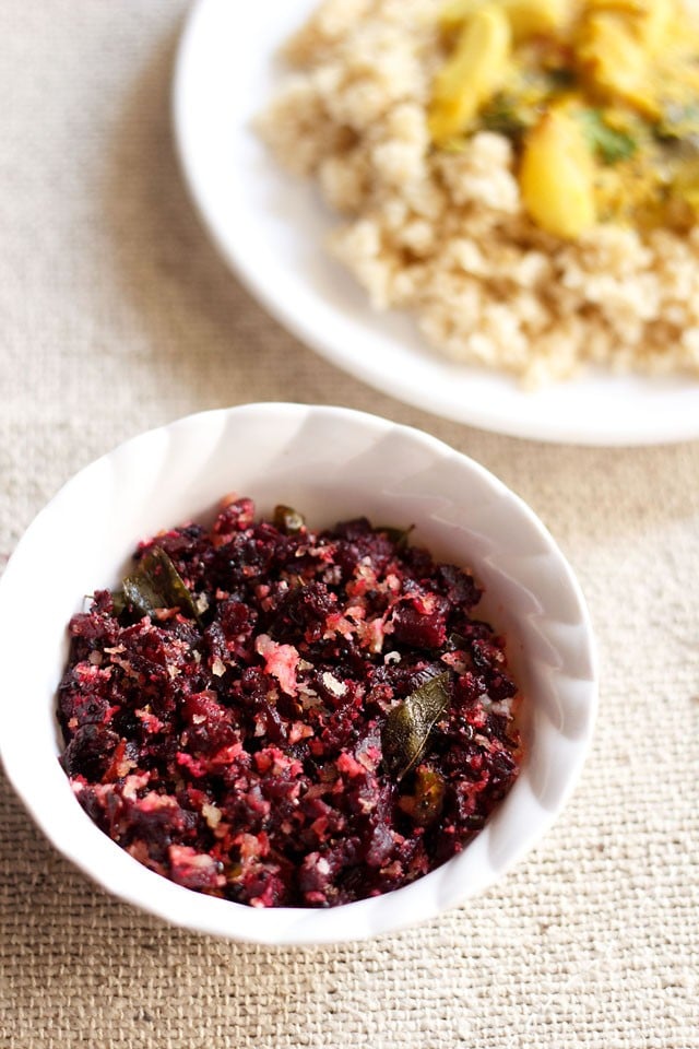 beetroot poriyal in a white bowl.