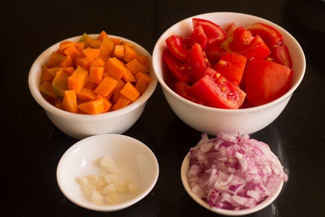 chopped vegetables for tomato carrot soup 