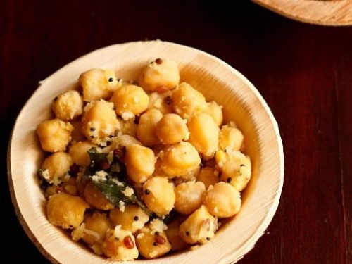 chana sundal served in areca bowls.