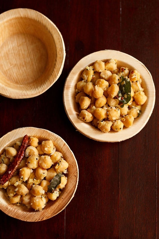 chana sundal served in areca leaf bowls. 