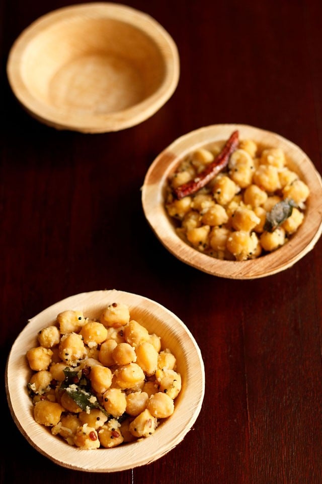 chana sundal served in areca bowls.