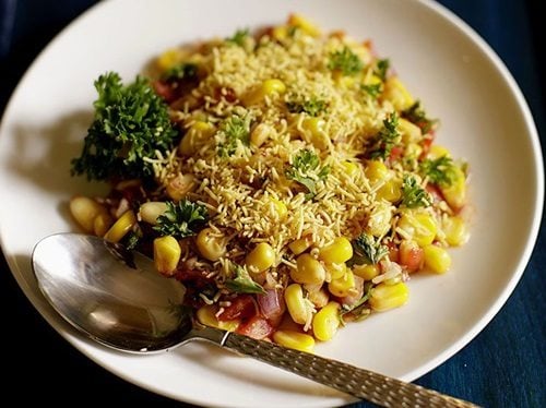 corn chaat recipe, masala corn recipe, spicy sweet corn chaat recipe