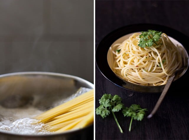 collage of cooking spaghetti in water and aglio e olio garnished with parsley and served in a black rimmed white bowl with a fork kept in the right side. 