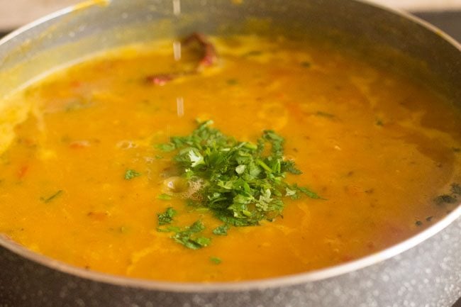 coriander leaves on top of dal.
