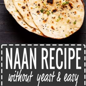 overhead shot of three naan breads on a cane basket with text layovers.