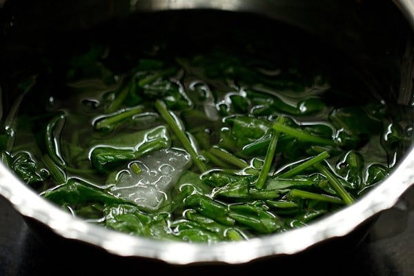 palak leaves added to cold water