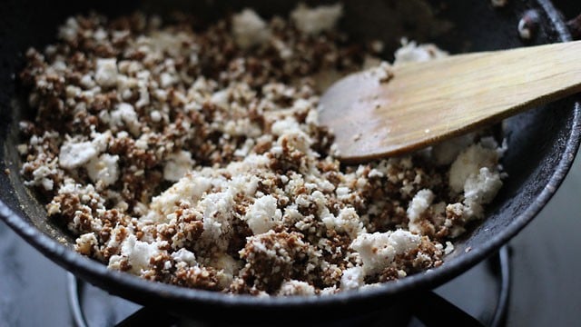 jaggery and coconut in a pan