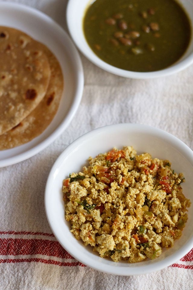 tofu bhurji served in a white bowl.