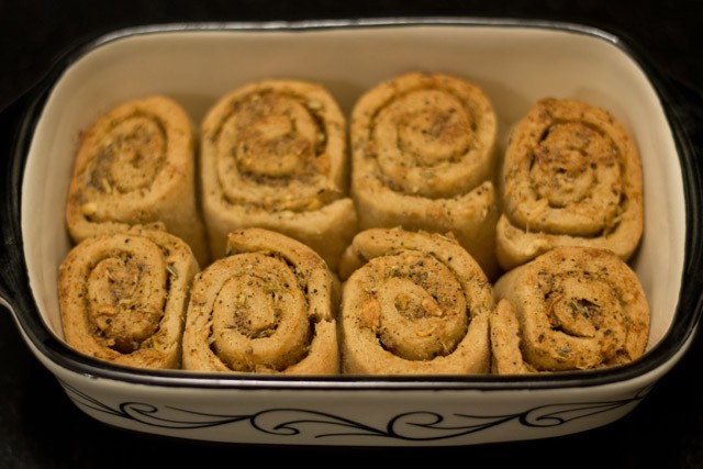 garlic bread rolls after baking have a golden top.