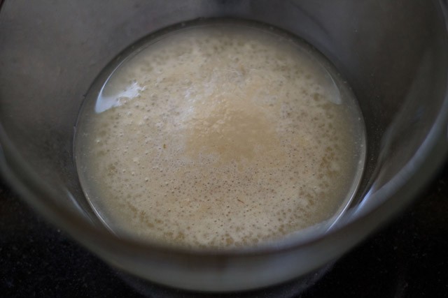 yeast solution is frothy and bubbly.