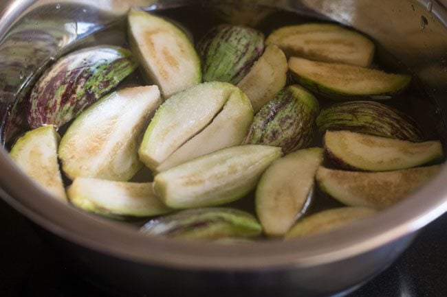 chopped brinjals soaked in water