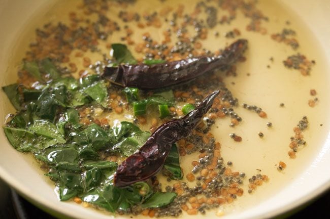 curry leaves, greeen chillies, red chillies added to pan