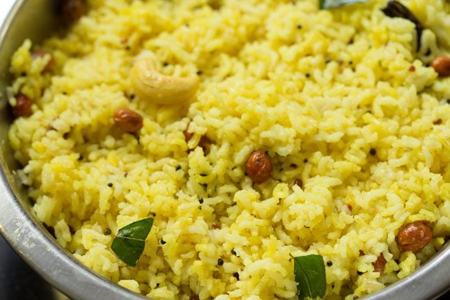 lemon rice or chitranna mixed and ready to be served
