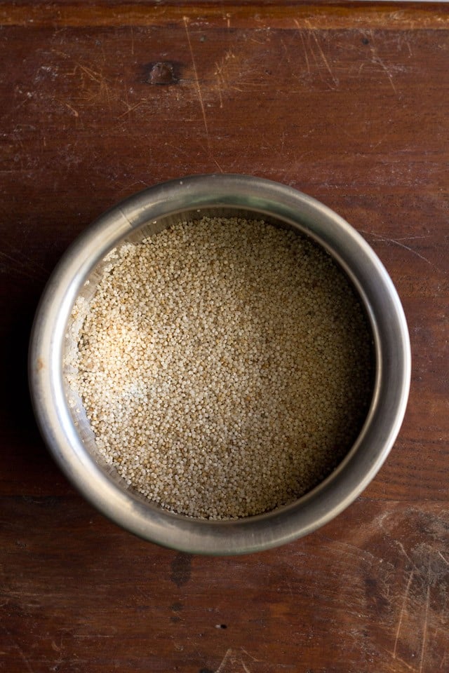 barnyard millet in a steel bowl. 